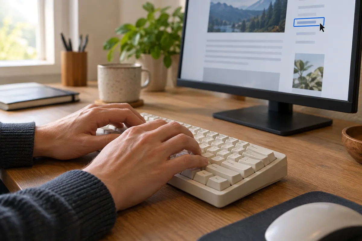 Hands use a keyboard while a webpage shows a visible focus outline