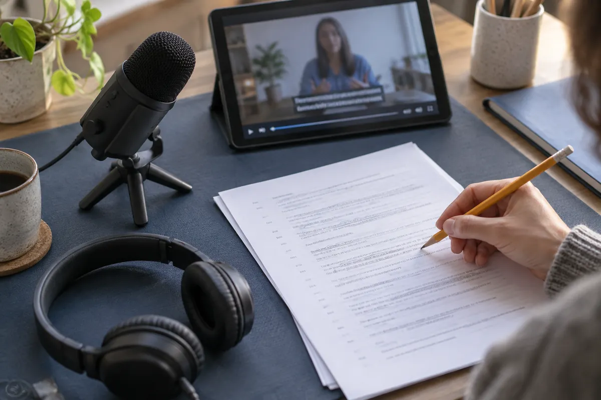 A person checks a printed transcript beside a microphone and a tablet playing a video