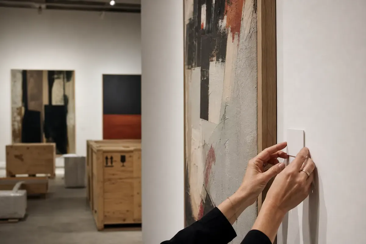 Une personne accroche une image encadrée dans une galerie