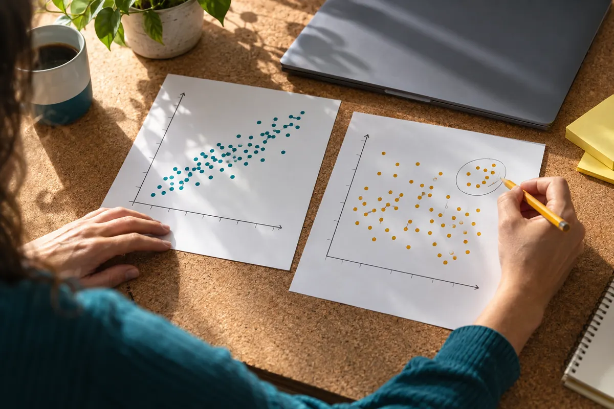 Deux nuages de points illustratifs sont comparés sur des feuilles de papier