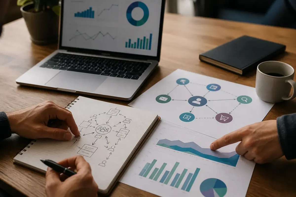 Charts and a laptop are used to compare several numerical indicators