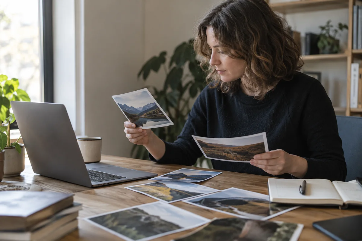 Landscape photographs and an image-credit notebook