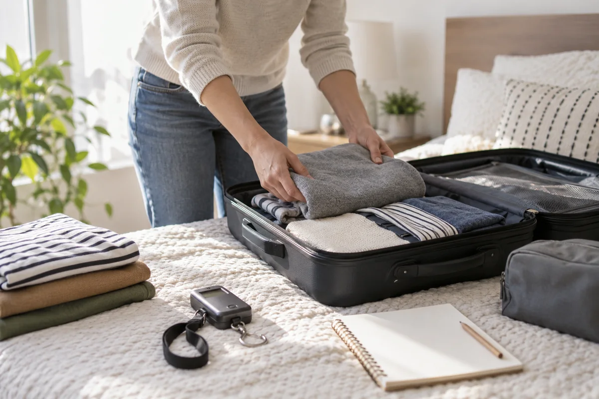 Una maleta abierta, ropa y un cuaderno de preparación