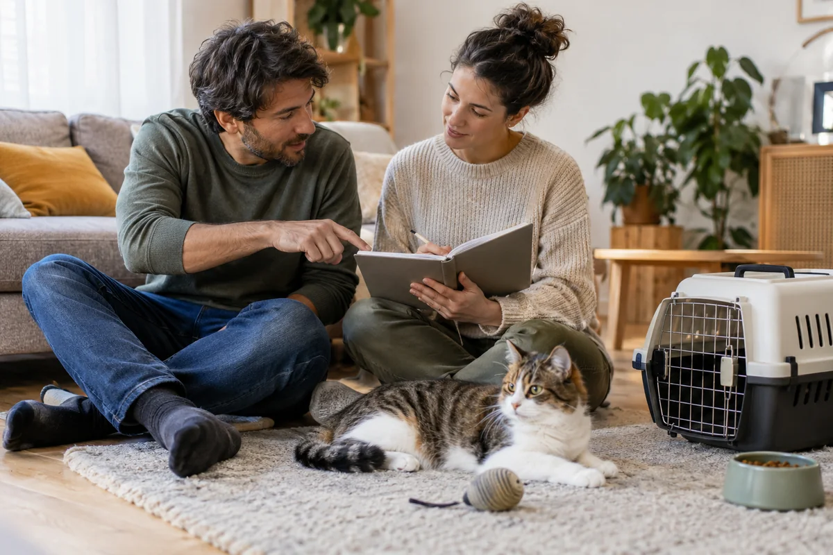 Two people preparing a cat-care handover with a notebook