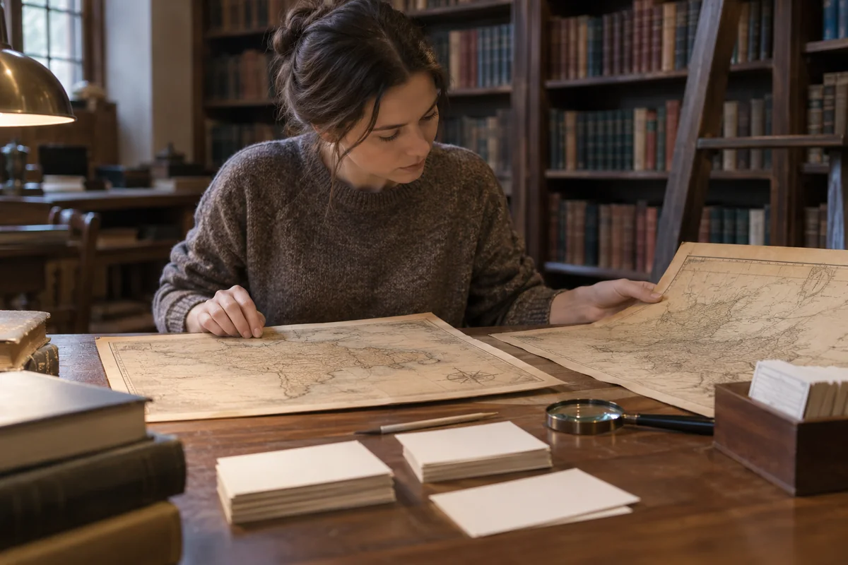 Old-style maps and place-research cards