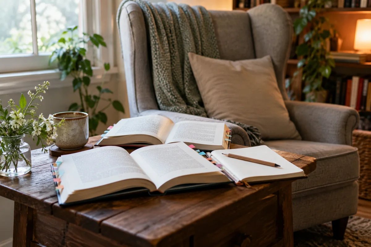 Two open books and a reading-comparison notebook