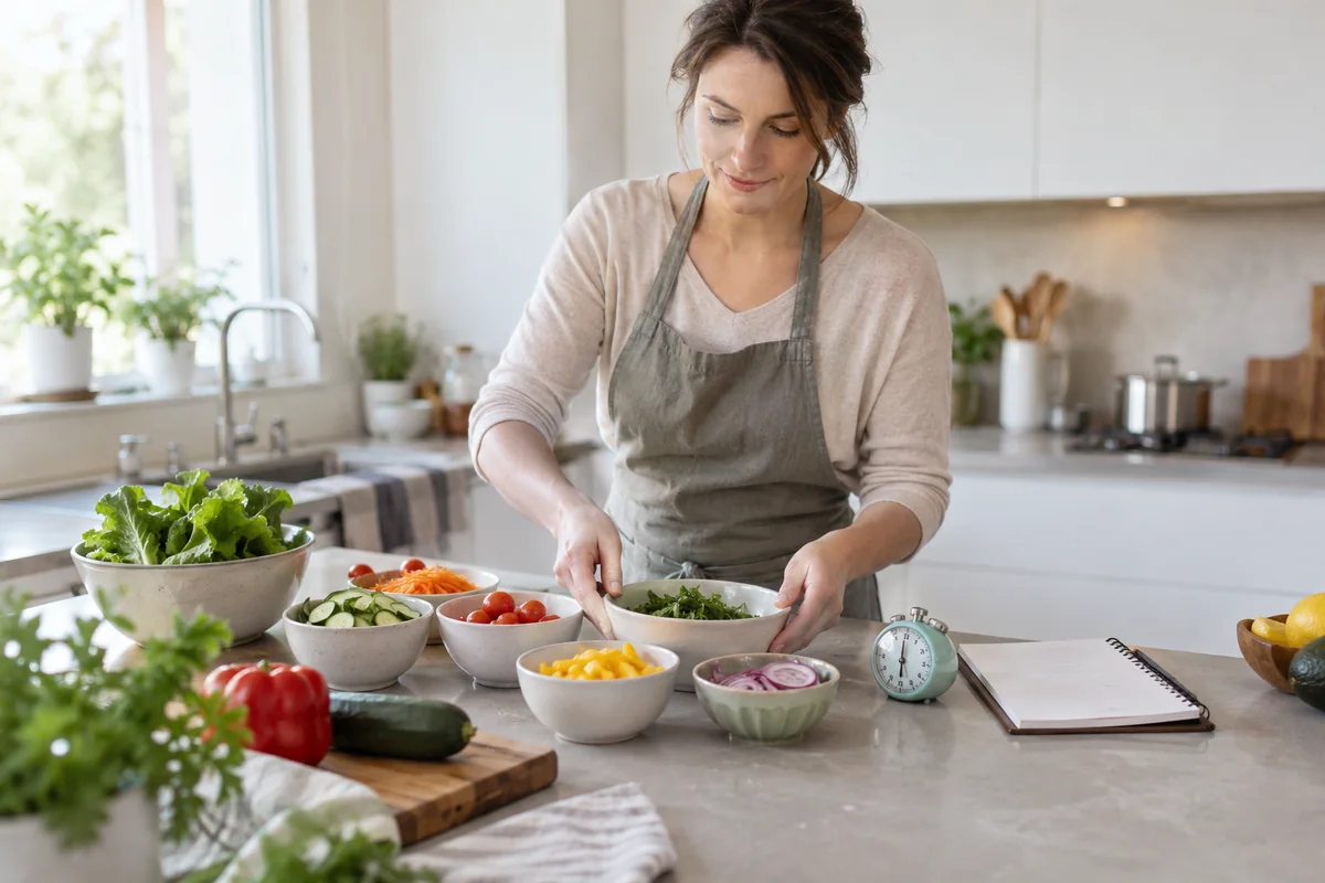 Eine Person plant die Schritte eines Rezepts in der Küche