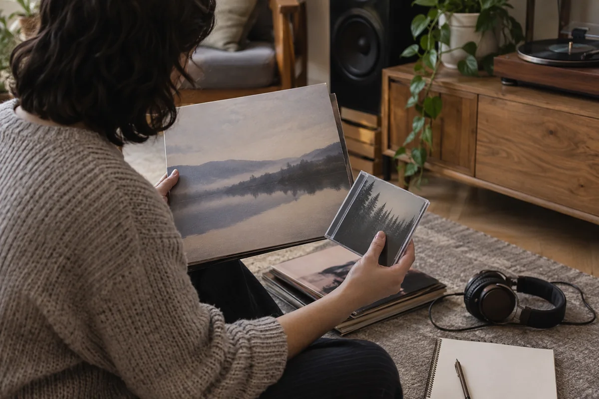 Record sleeves, headphones and a listening notebook