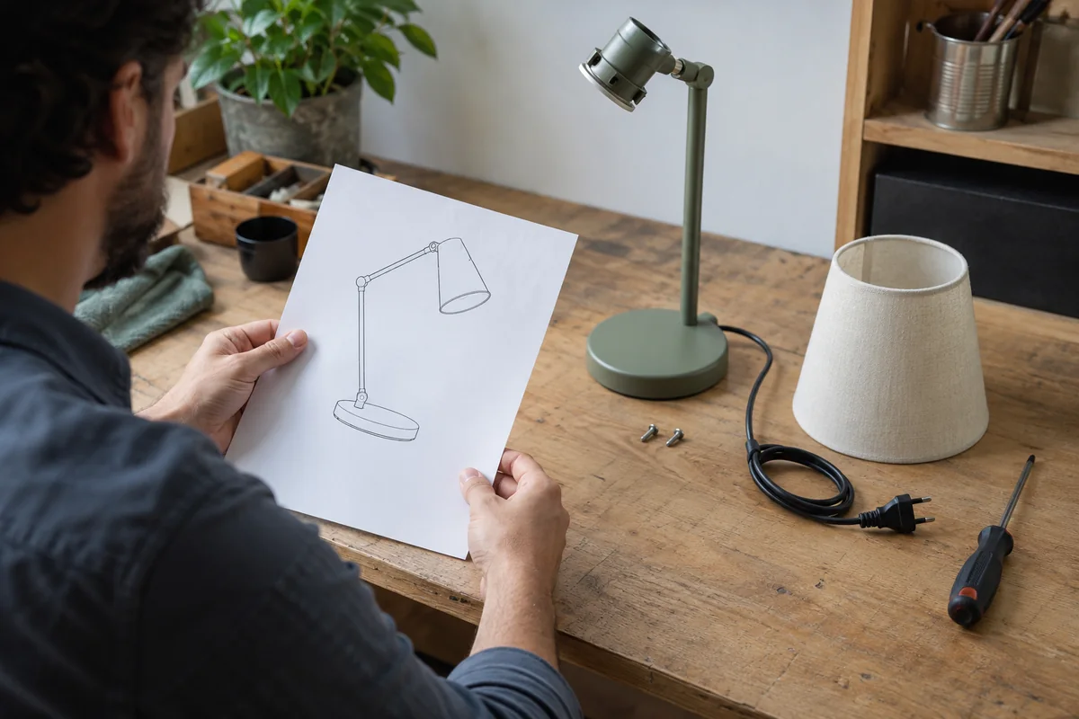 An unplugged lamp and notes for a spare-part enquiry