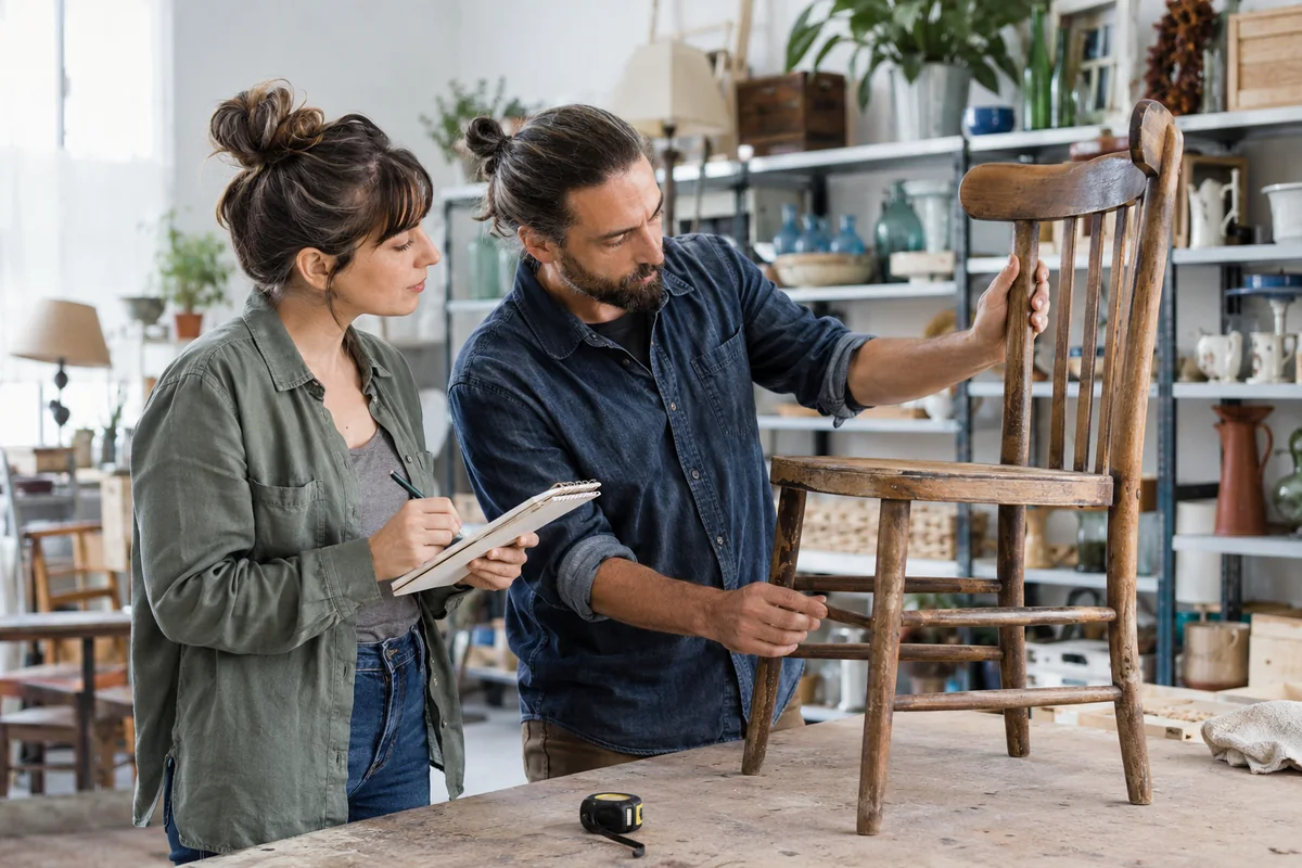 Two people inspecting a chair in a reuse workshop