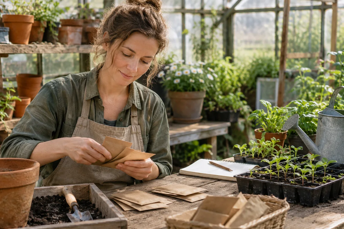 Seed packets and seedlings on a potting table