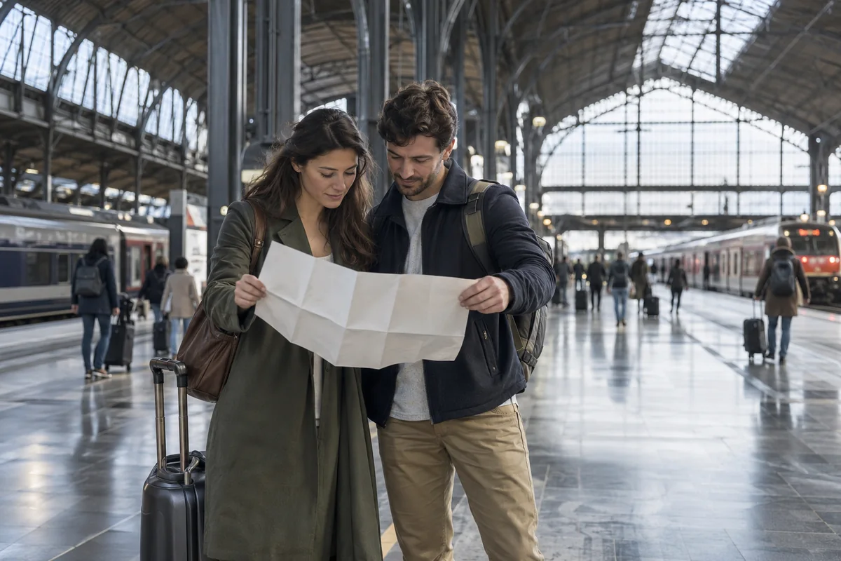Travellers preparing a connection in a fictional station