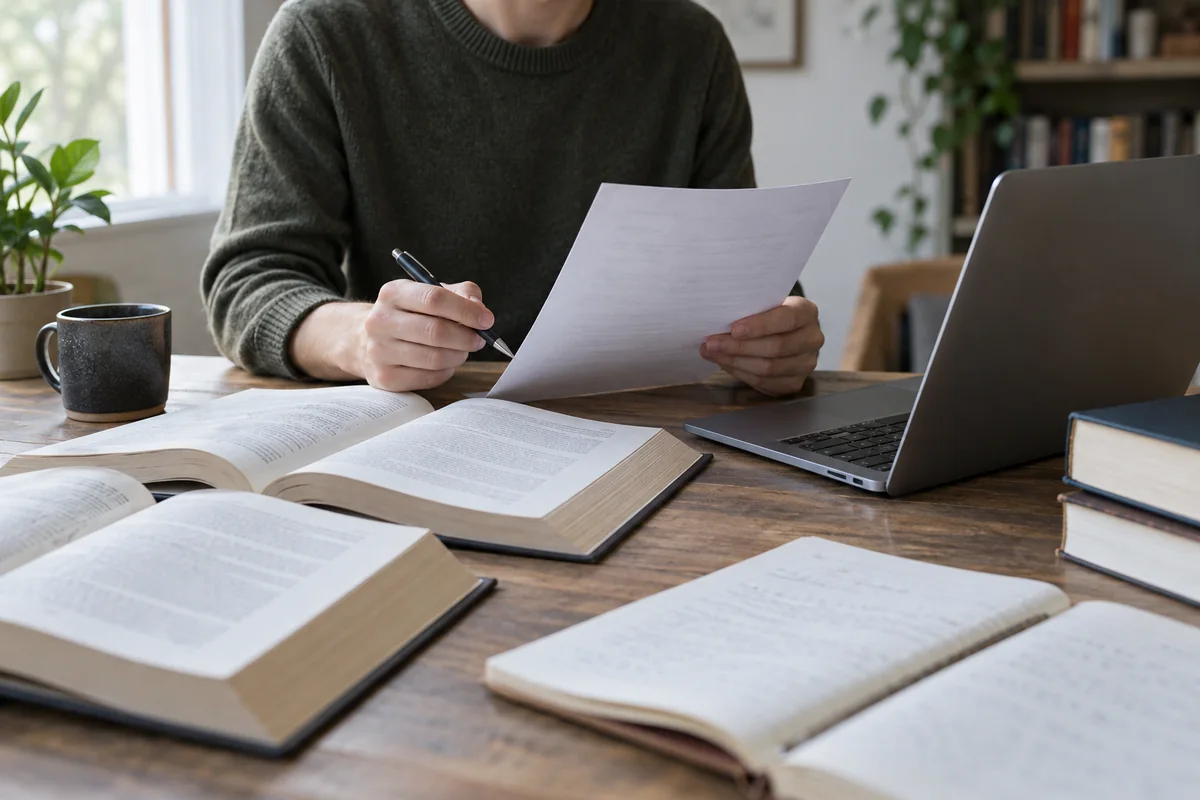 Notas comparadas con libros y un ordenador