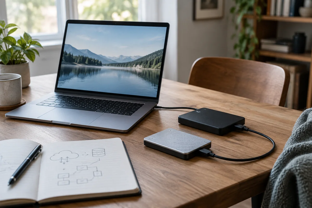 Ein Computer und zwei Sicherungslaufwerke