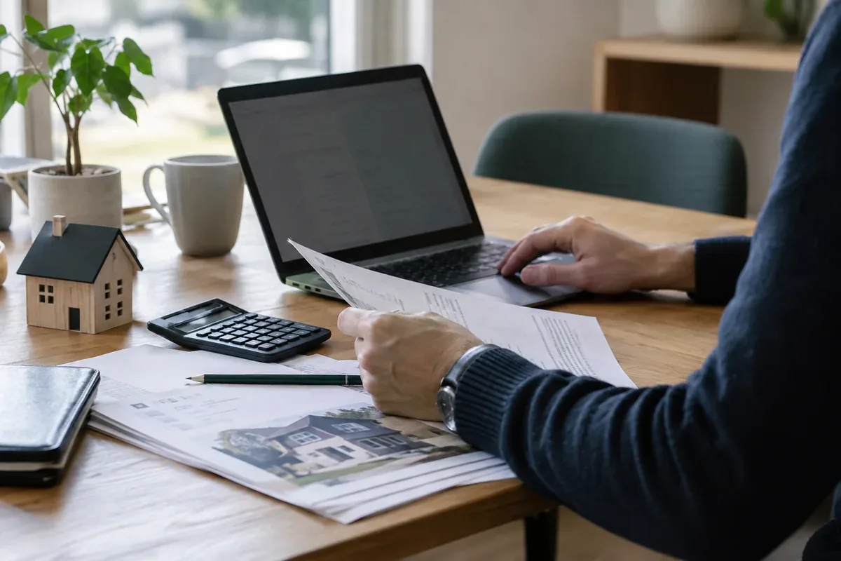 A laptop and organized documents on a desk