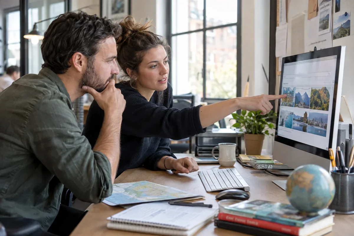 Two people examine a computer screen together