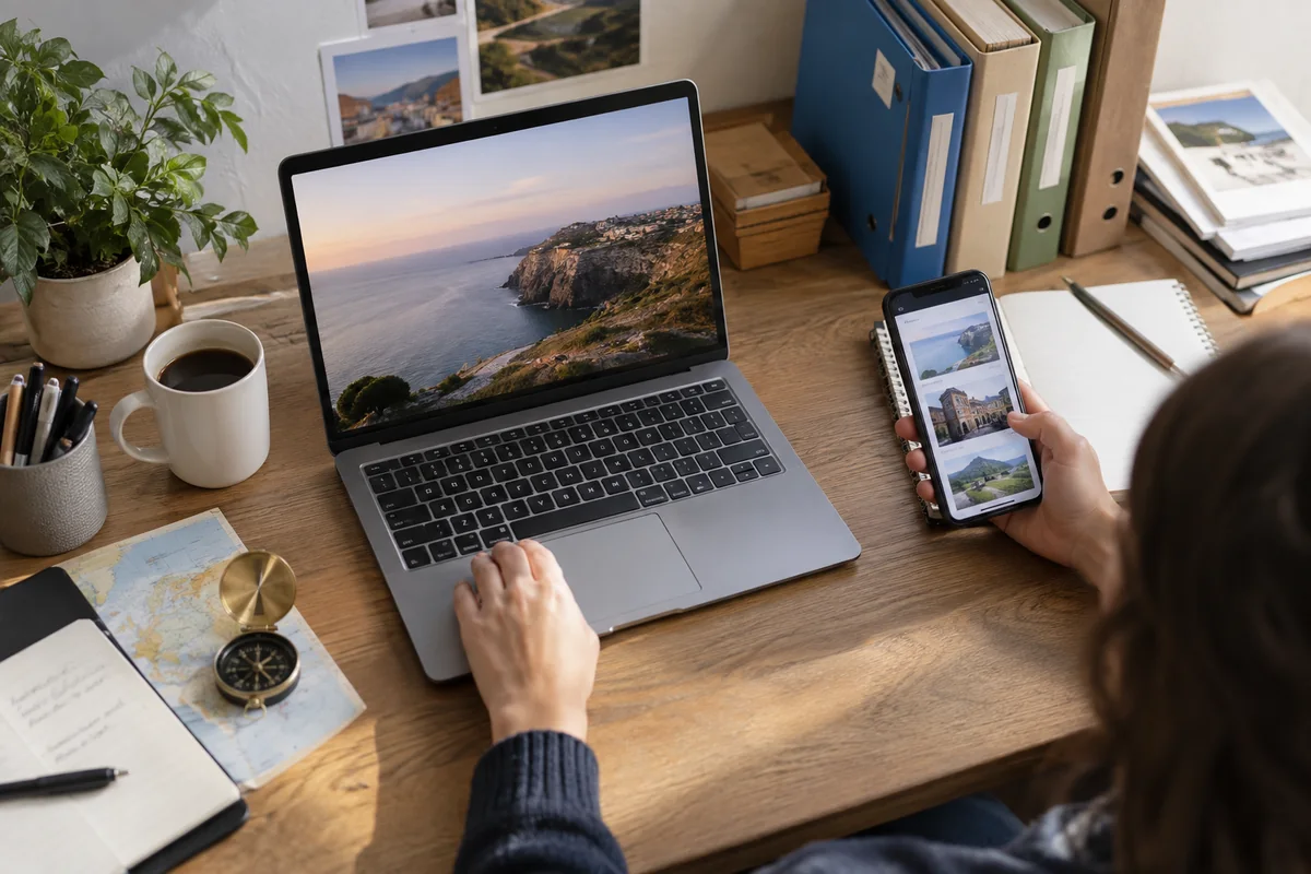A computer, phone and carefully sorted folders