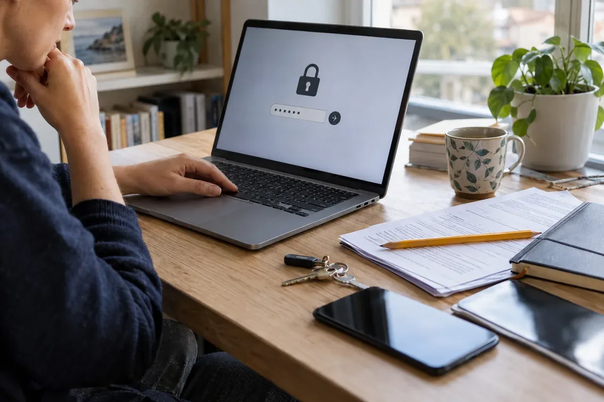 A laptop and organized documents on a desk