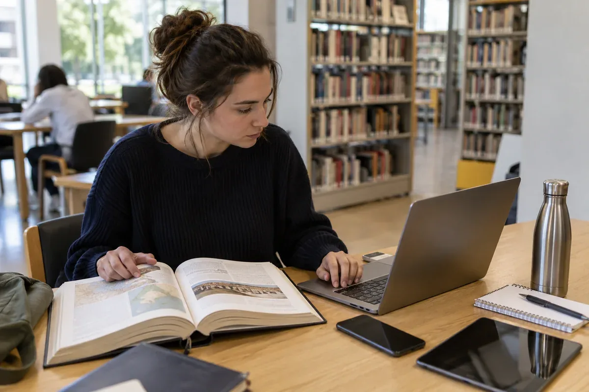 A person compares information on a laptop with a reference book
