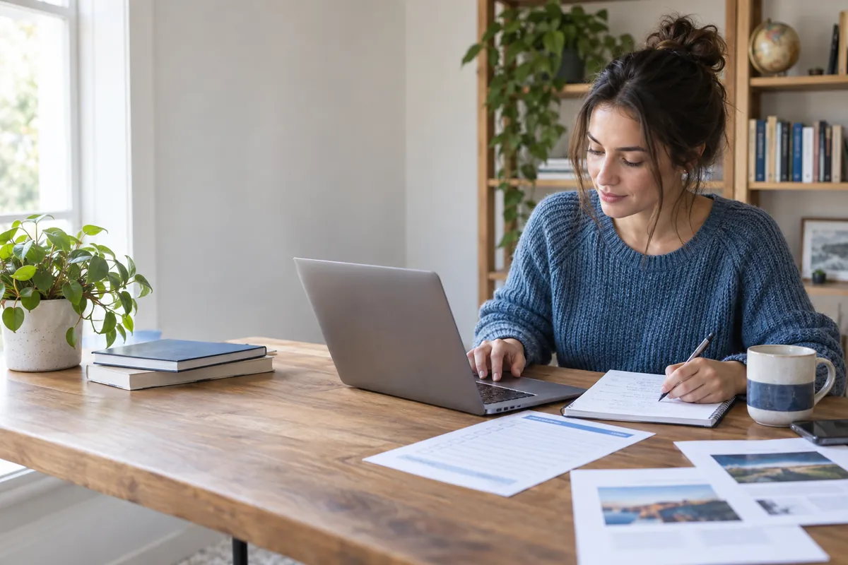 A reader checks web resources on a laptop and takes notes beside a printed checklist