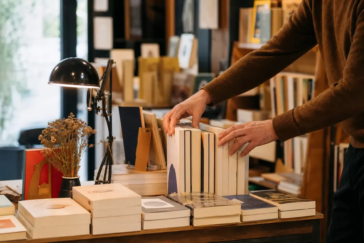 A reader selects a book from shelves in a bookshop