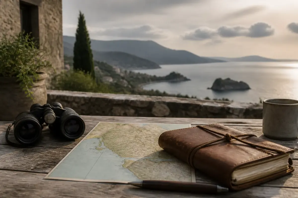 A travel journal, map and camera beside a window overlooking a lake