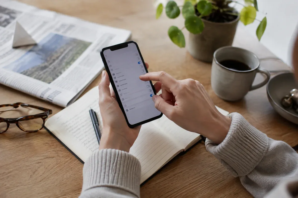 A phone and notebook used to examine digital settings