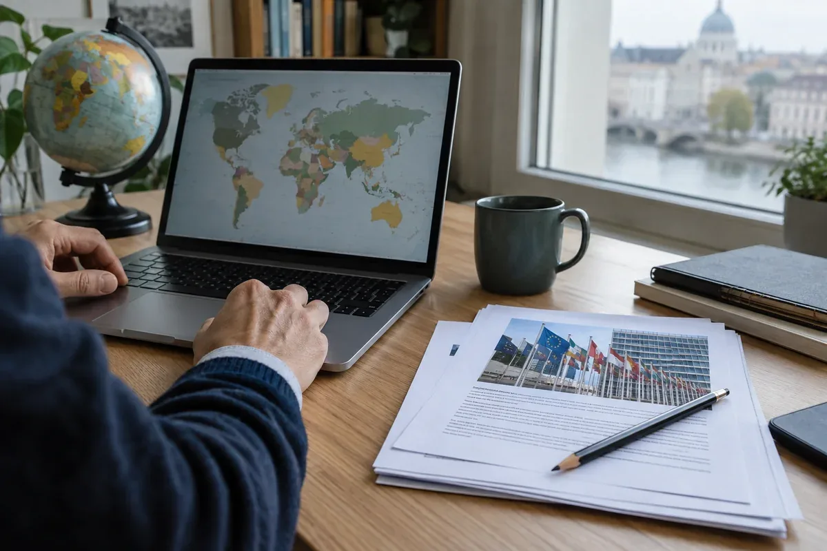A laptop and organised documents on a desk