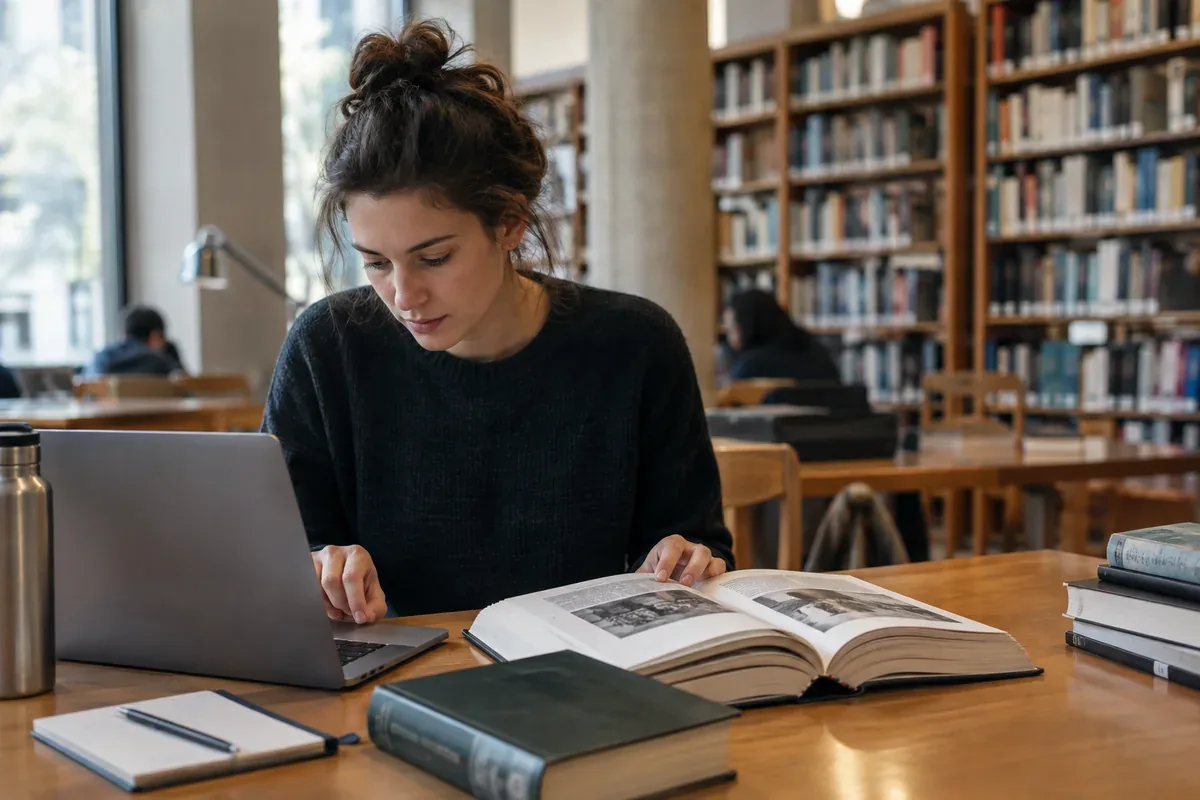 A person compares online information with a reference book
