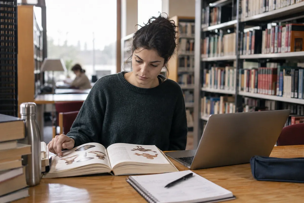 A person compares information on a computer with a reference book