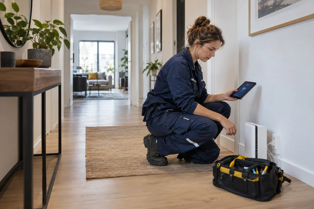 Une technicienne contrôle la connexion Wi-Fi d’un appartement près de la box Internet