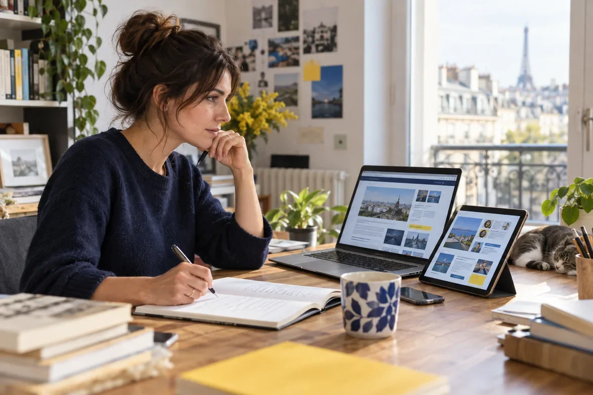 Une éditrice compare plusieurs ressources web sur un ordinateur et une tablette avant de prendre des notes