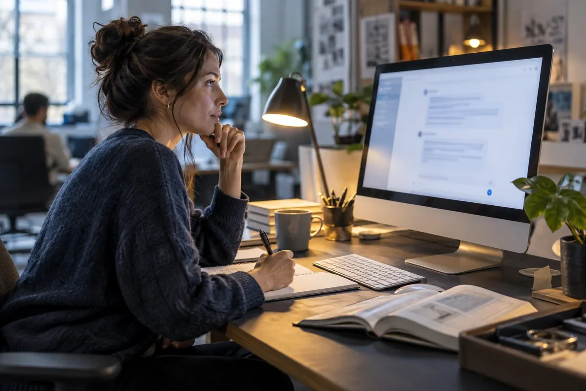 Une personne prend des notes en vérifiant une réponse produite par une intelligence artificielle
