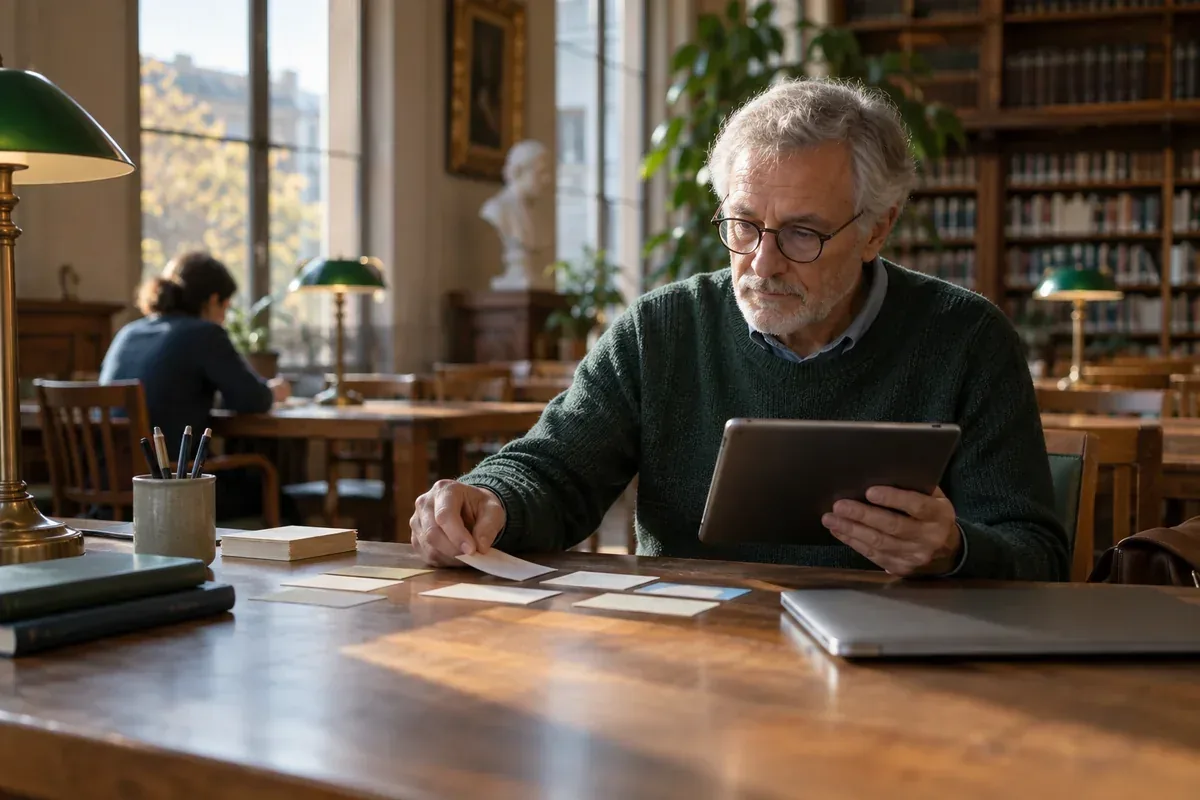 Un lecteur organise ses repères de navigation sur une tablette dans une bibliothèque