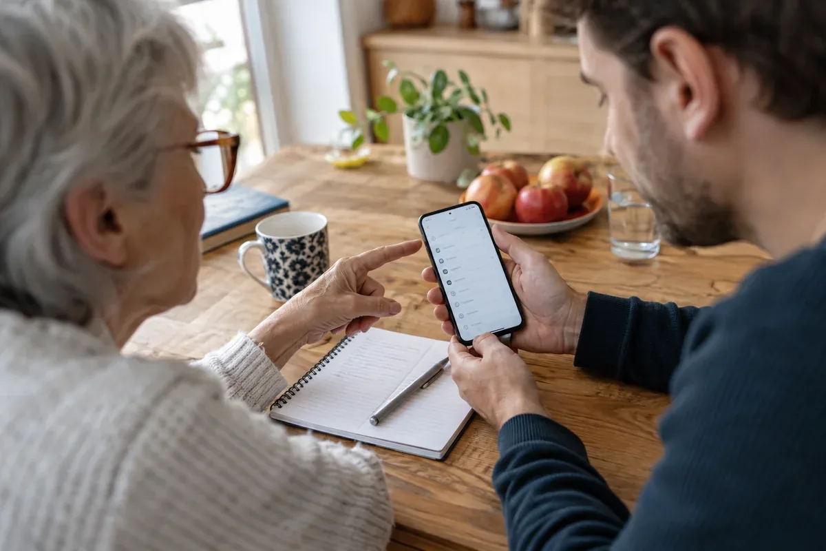 A helper guides a person who remains in control of their own device
