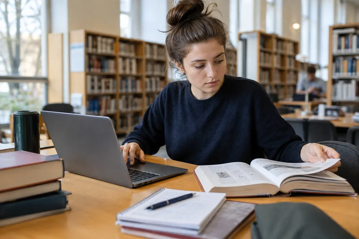 A person compares information on a computer with a book