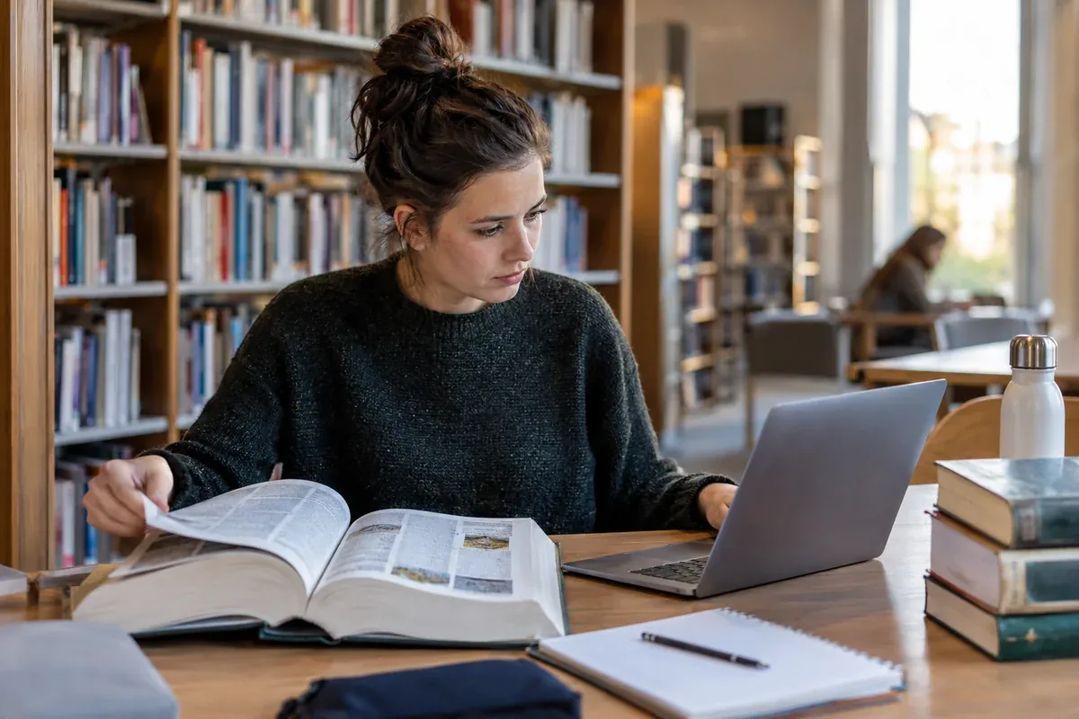 A person compares information on a computer with a book