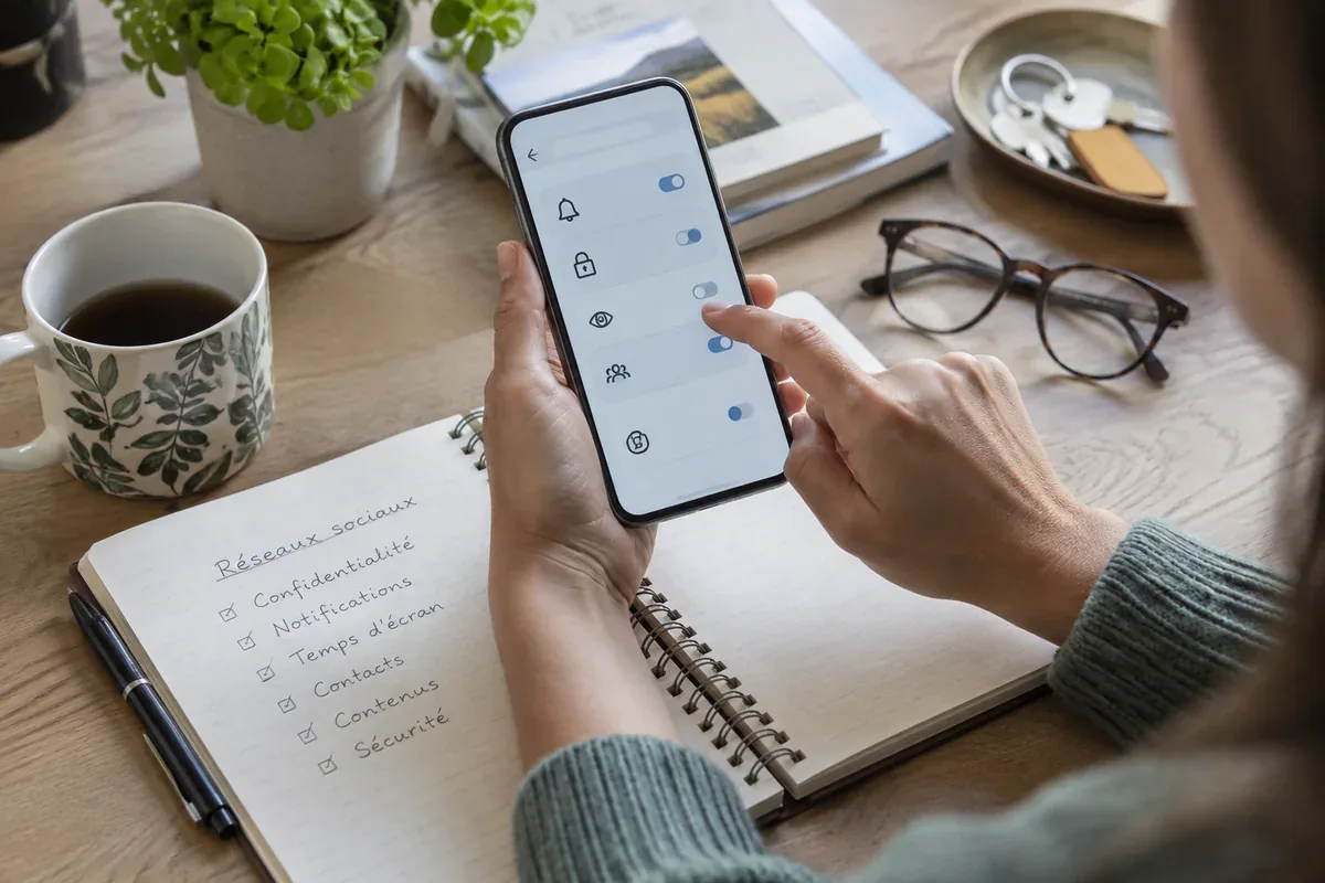 A phone and a notebook for reviewing digital settings
