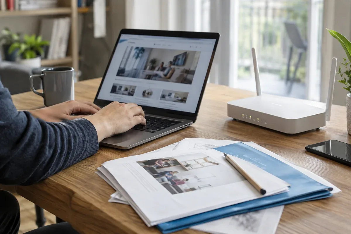A laptop and organised documents on a desk