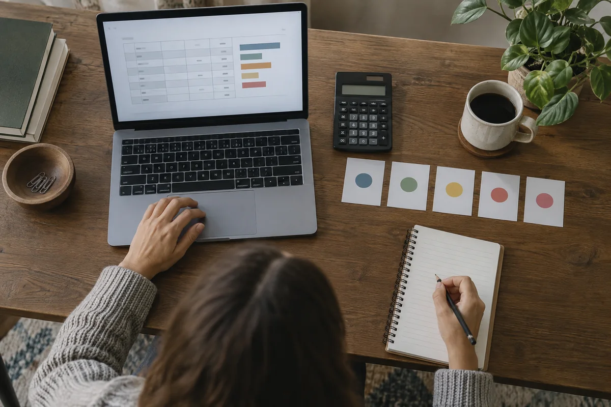 Un tableau sur ordinateur est examiné près d’une calculatrice et de fiches de données