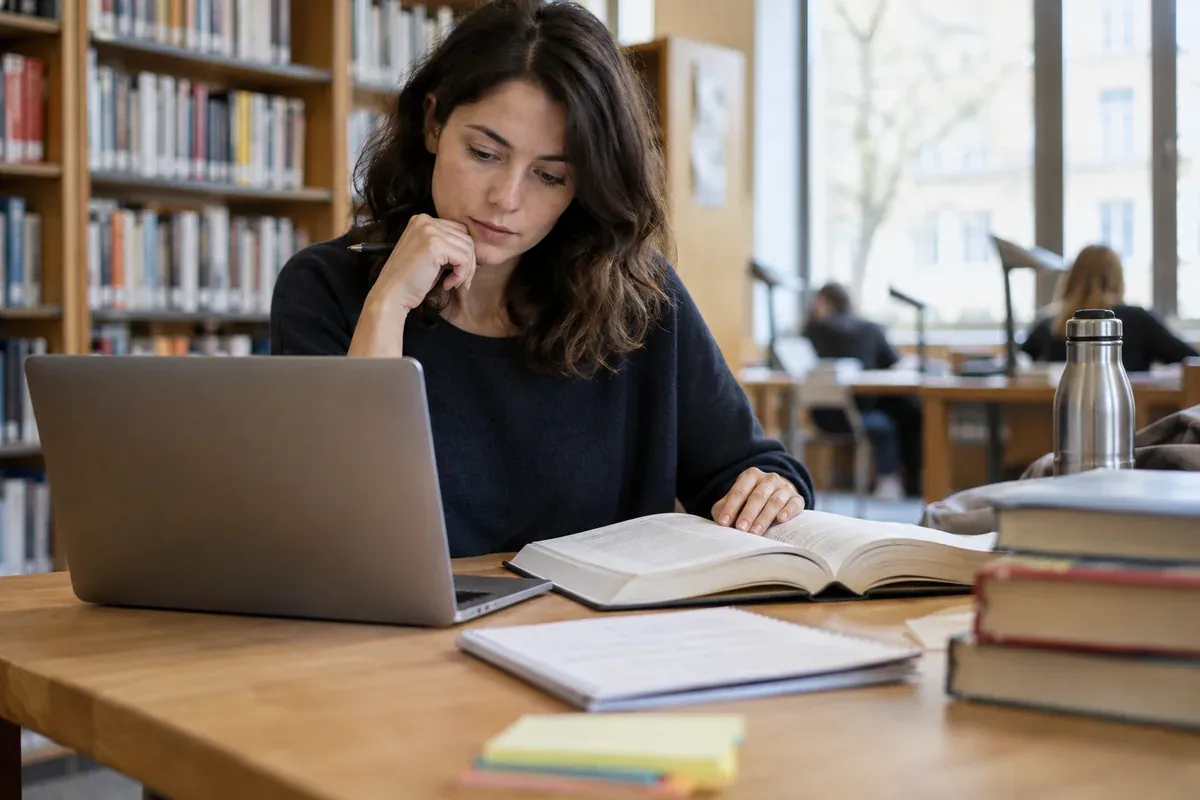 Une personne compare des informations sur ordinateur avec un ouvrage