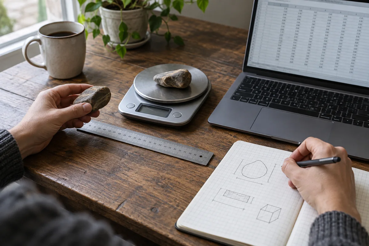 Une règle et une balance accompagnent un tableau de mesures sur ordinateur