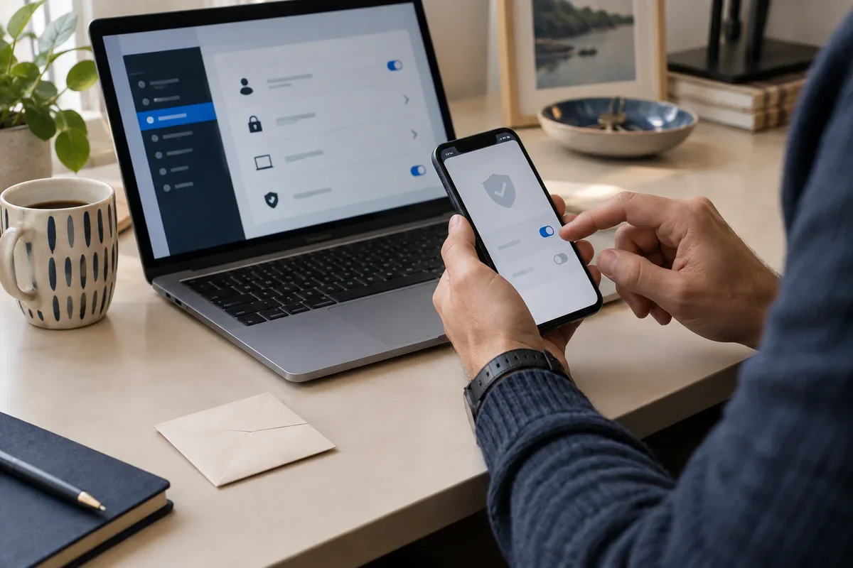 A person reviews account security settings beside a mobile phone