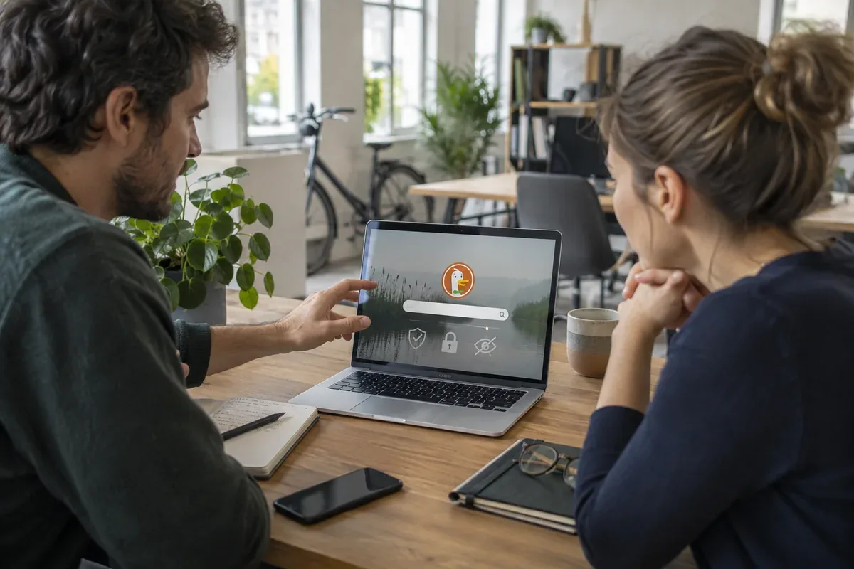 Two people examine a computer screen together