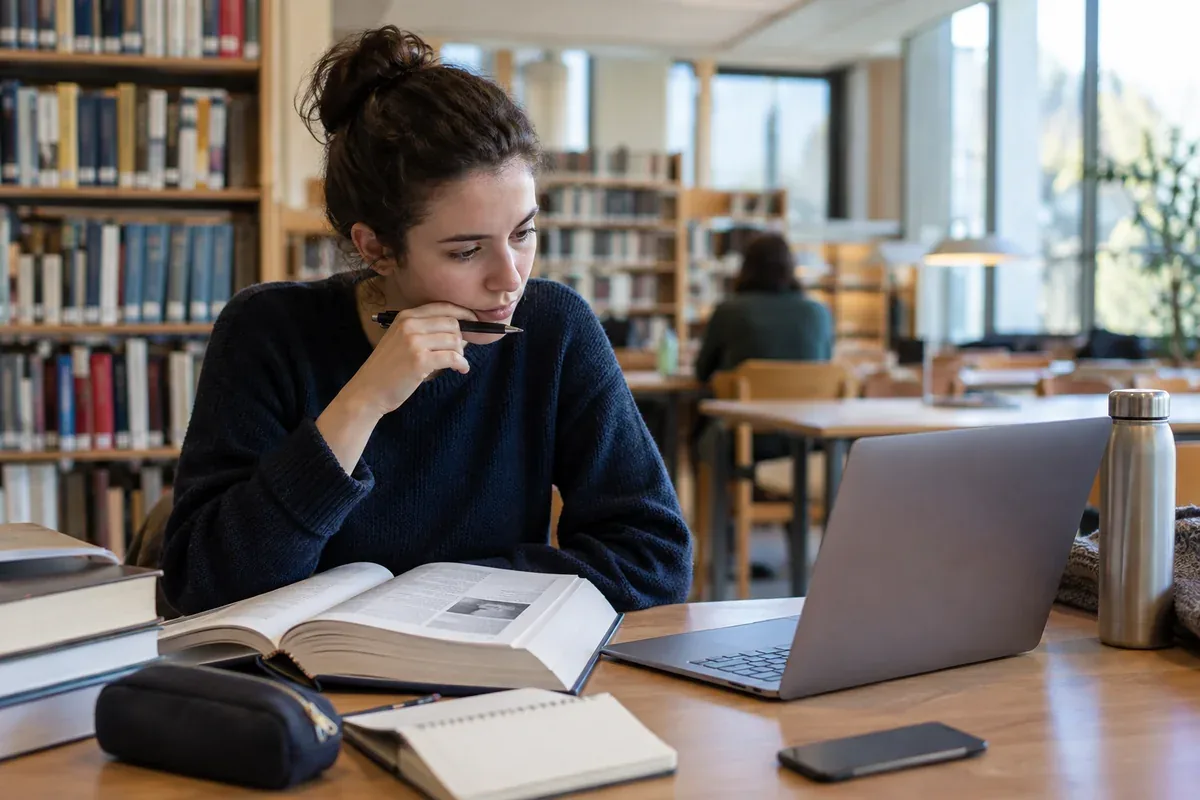 A person compares information on a computer with a book