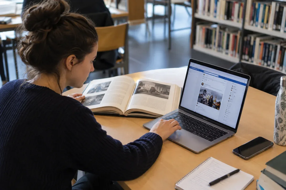A person compares information on a computer with a book