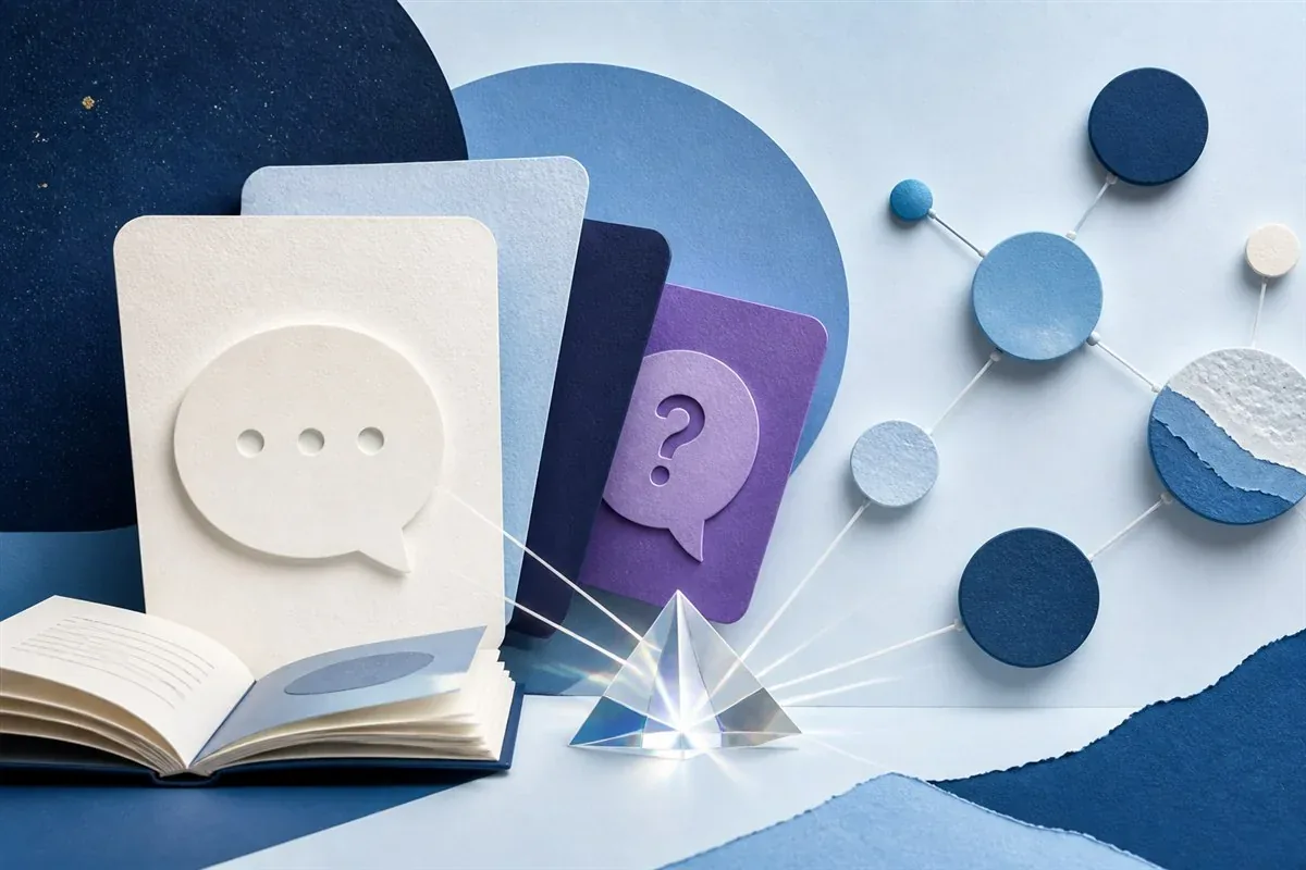 Abstract editorial illustration of an AI research assistant