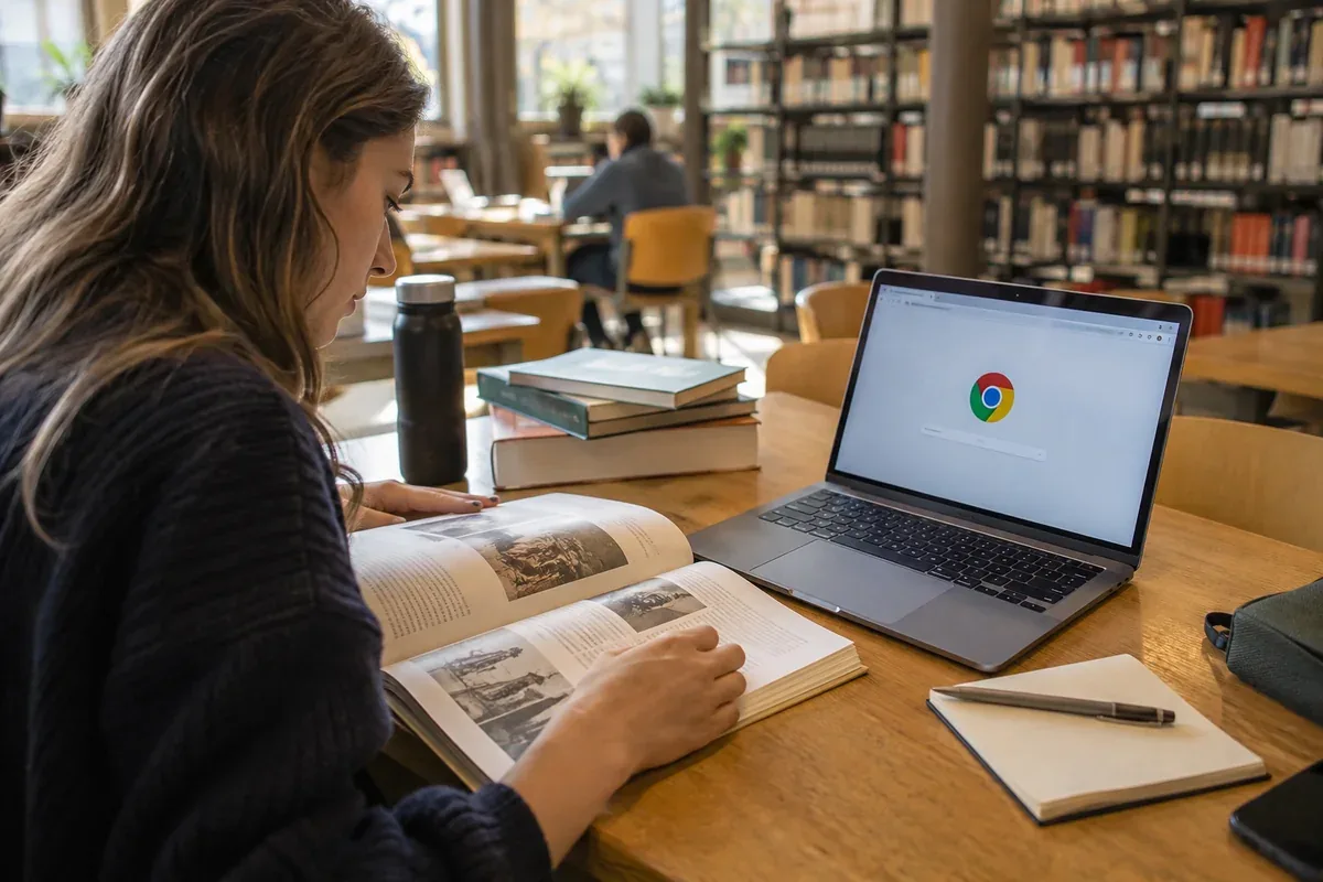 A person compares information on a computer with a book