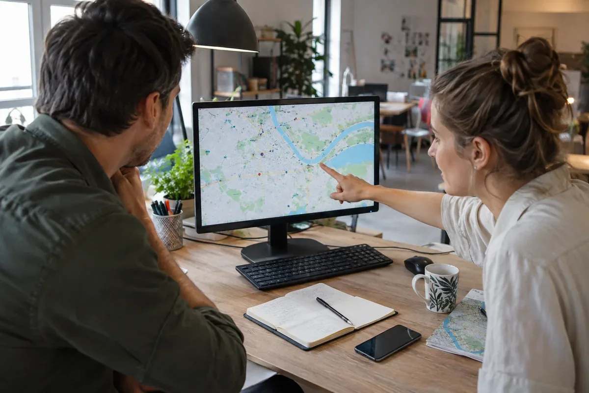 Two people examine a computer screen together