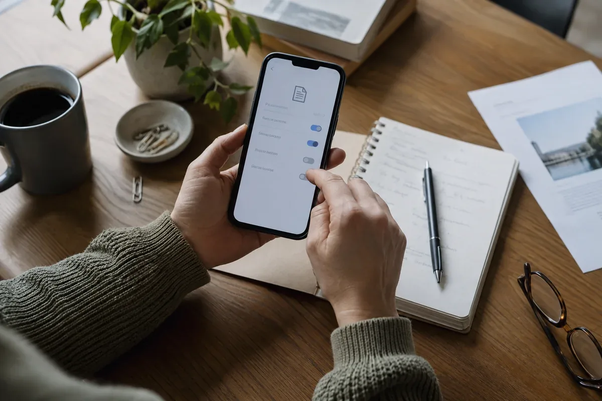 Un téléphone et un carnet pour examiner les réglages numériques